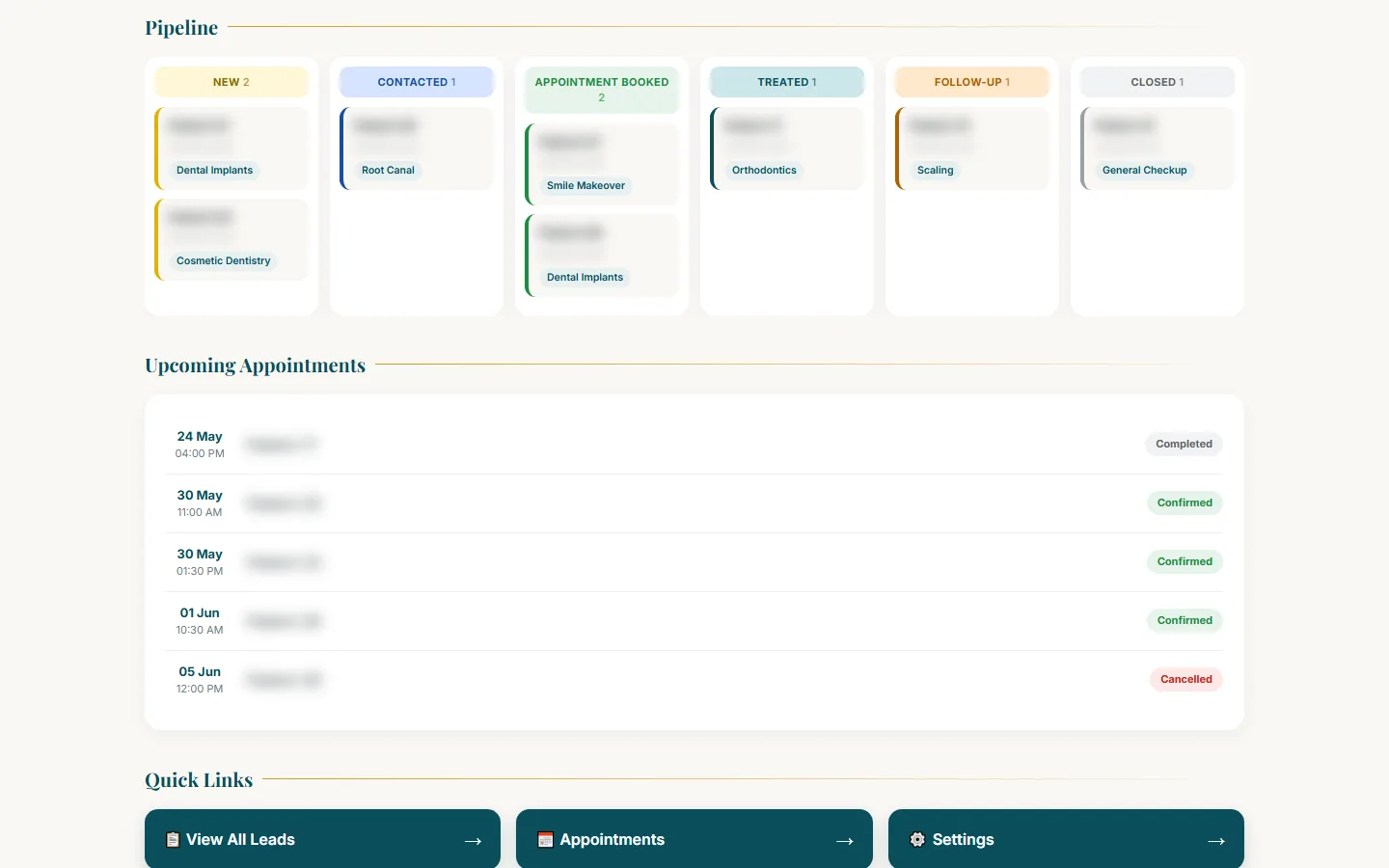 Clinical operations CRM: a six-column lead pipeline and a list of upcoming appointments with their status, patient details blurred