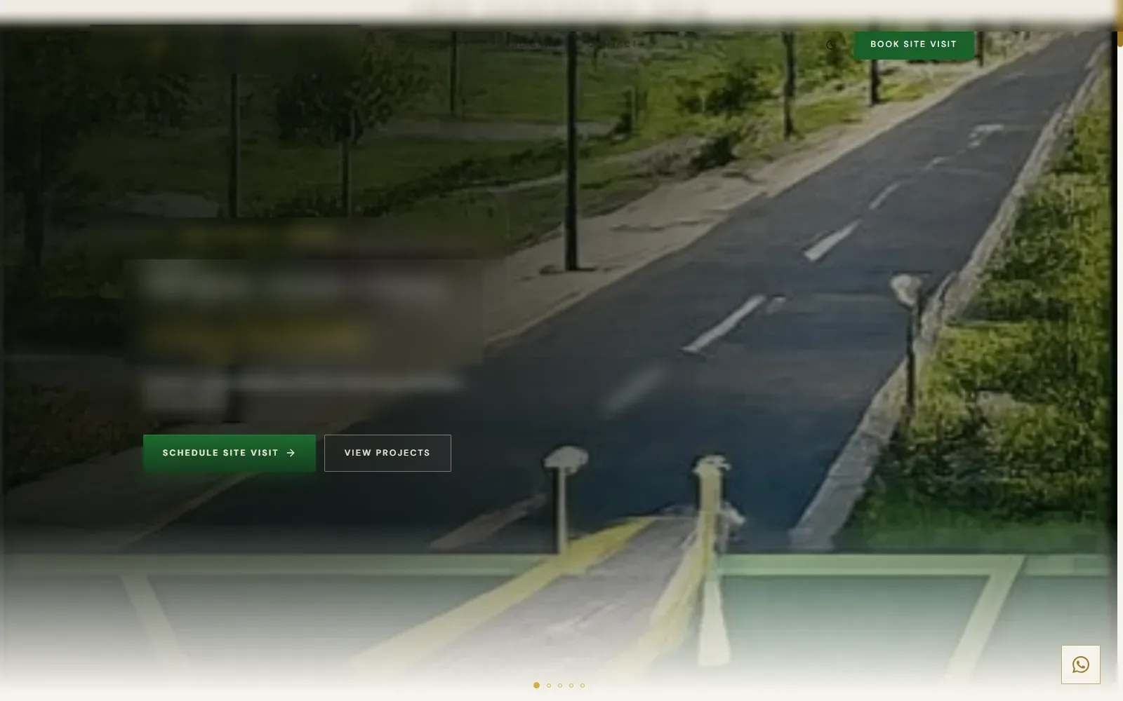 Real estate site hero over a plotted development road, with Schedule site visit and View projects buttons; the developer’s name, headline and contact details are redacted