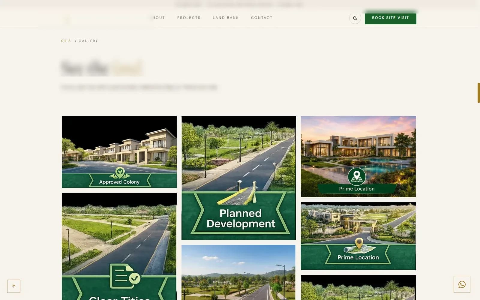 Real estate site gallery: a grid of site photographs with short reassurance labels; the developer’s logo and intro line are redacted